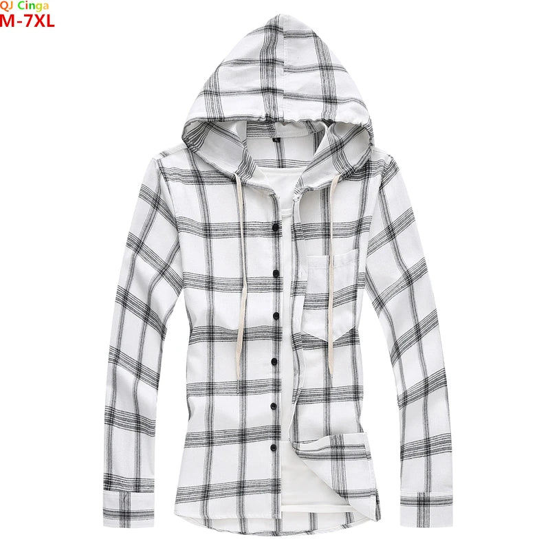 2026 New Men's White Plaid Hooded Shirt, Single Breasted, Long Sleeve Shirts, Black Fashion, Casual Tops