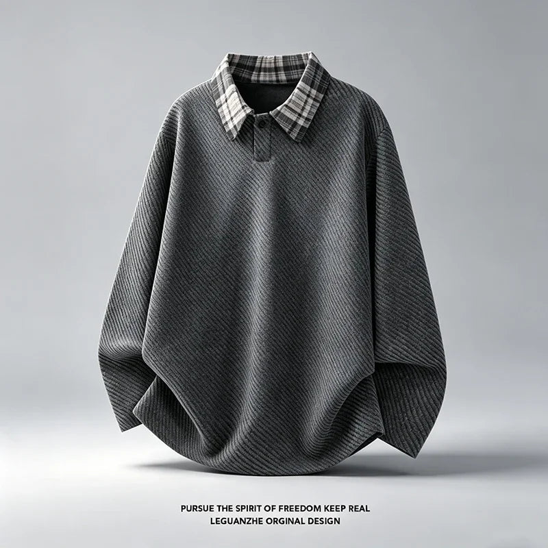 Autumn Mens Loose V Neck Corduroy Top Long Sleeve Plaid Contrast Collar Textured Material Casual Garment