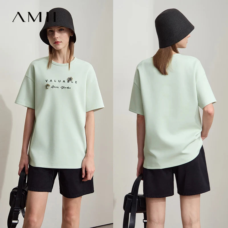 Amii Women's Top Minimalist 2026 Summer O-Neck Three Dimensional Sequin Flower Letter Printing Embroidery Loose T-shirt 12512012