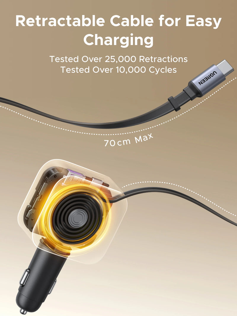 UGREEN 60W Retractable Car Charger Fast Charge for iPhone Samsung Mobile Phone Car Charger