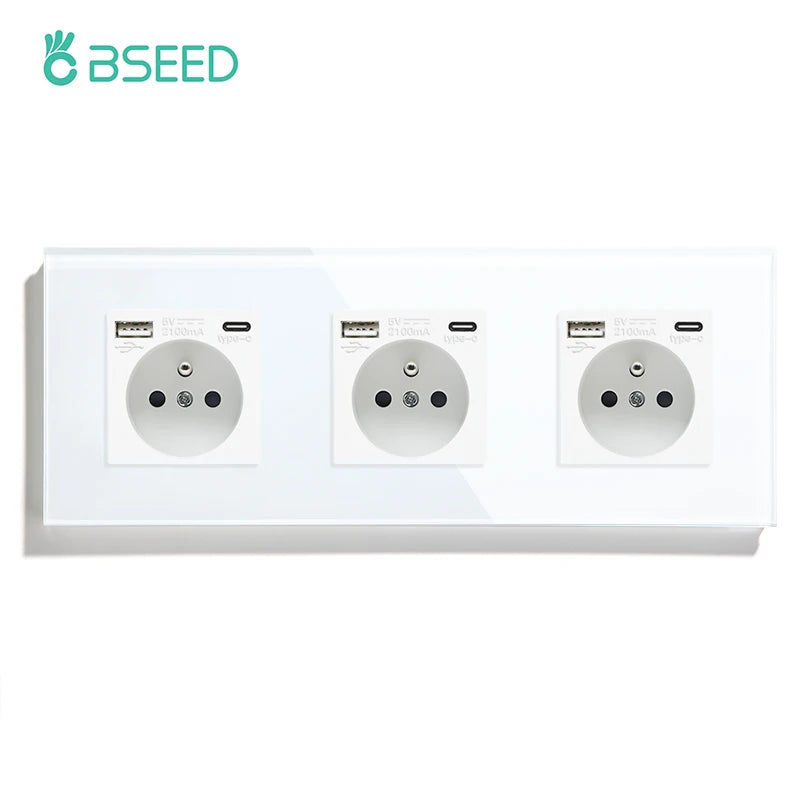 BSEED French Standard Single Wall Power Sockets Double France USB Type-C Port Outlet Crystal Glass Panel Children Protection 16A