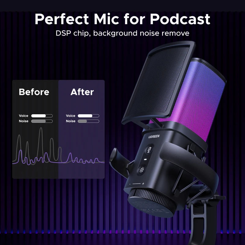 UGREEN USB Microphone with Touch Mute Button and RGB Lighting Suitable for PC Mac Gaming Karaoke Recording Streaming Podcasting