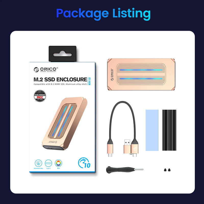 ORICO RGB M.2 SSD Enclosure 10Gbps M2 NVMe SSD Case All Aluminum USB3.1 Gen2 Case for Solid State Drive for Gamer Video Editing