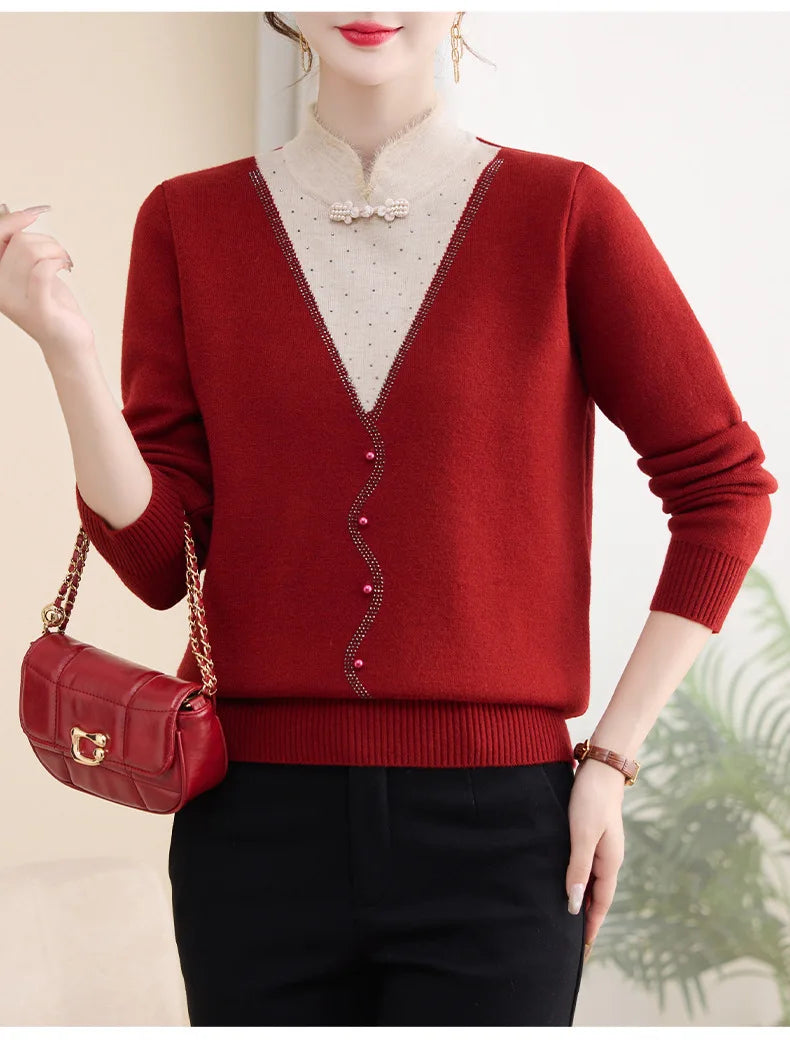 Korean Popular Clothes New Women Sweaters Autumn Winter Knitwear Top Basic Wear Fake Two Piece Middle Aged Mother Pullovers
