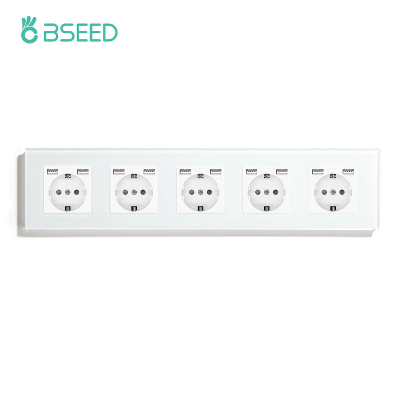 BSEED EU Wall Sockets Five Power Outlets USB Type-C Charge Port Glass Frame Sockets Wall Sockets Kids Protection 16A