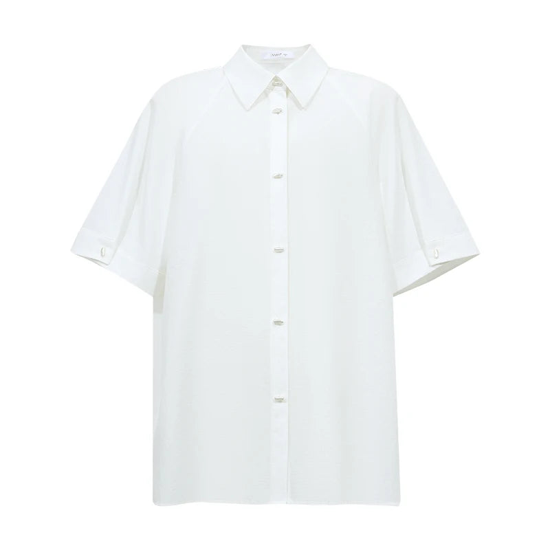 Amii White Women's Shirt 2026 Summer Lapel Collar Metal Button Dolman Sleeve Blouse Simple Loose Casual Top For Women 12642086