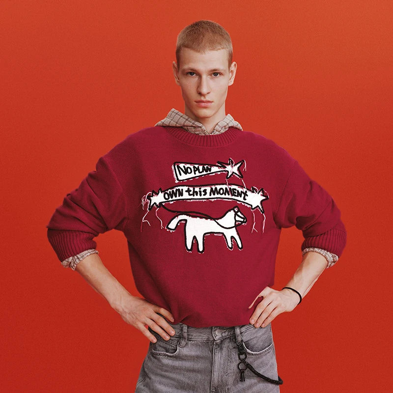 Semir Red Sweater Men 2026 Spring Loose Crew Neck Letter Jacquard Tassel Casual Comfortable Fashion Knitwear Daily Top