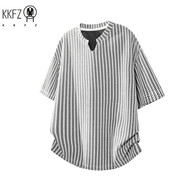 Mens Striped Textured Knit Short Sleeve Top Notched Collar Oversized Cutting Suitable For Vacation Dating And Casual Scenes