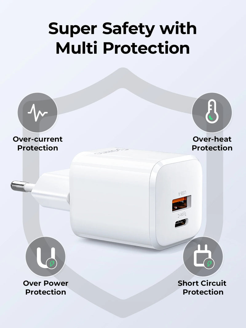 ORICO-GaN USB C Charger, EU Plug, PD Fast Charging, Dual Port, iPhone 13, 12, Max Pro, iPad, Xiaomi, Samsung, 35W