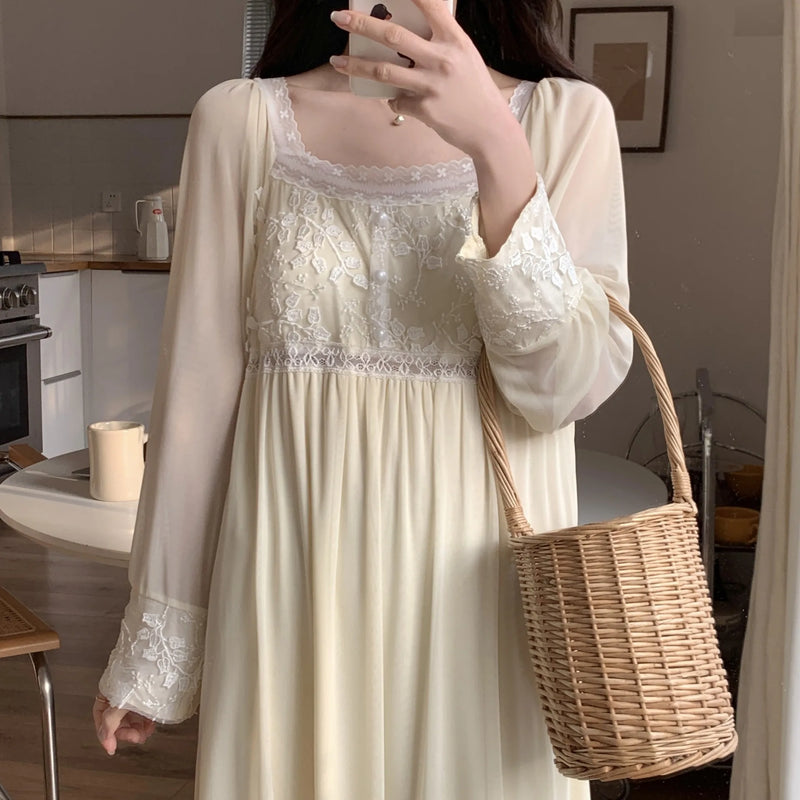 Spring Autumn French Nightgowns For Women Sleep Shirt Long Sleeved Mesh Modal Sleepwear Women's Nightwear Sweet Night Dress