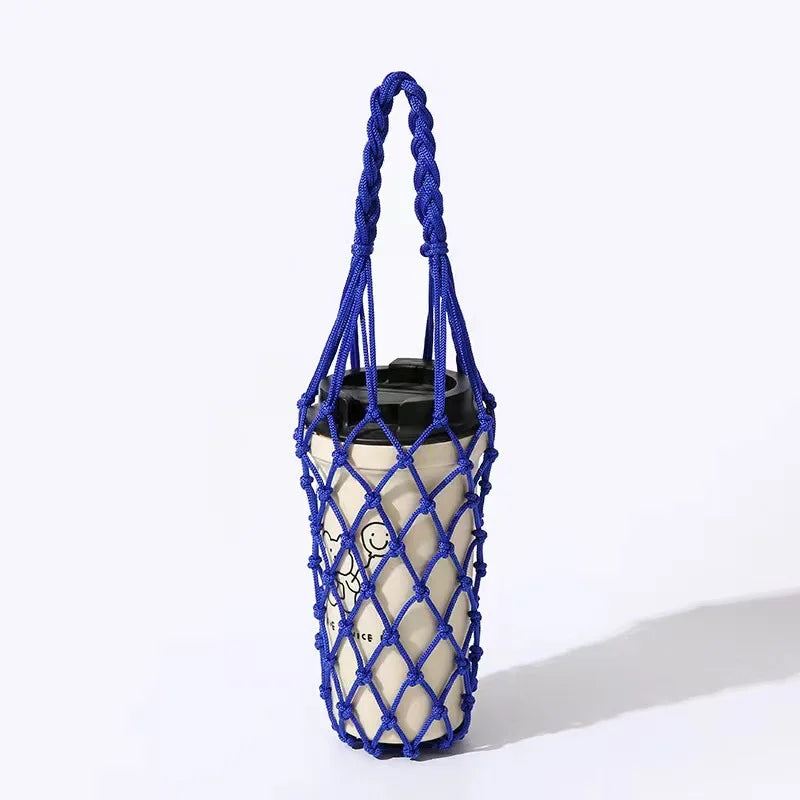 1pc Handwoven Reusable Cylindrical Mesh Bag,Reusable, Hand-Held Water Kettle Bag,Drink Bag,Portable for Beach,Picnics,Travel.
