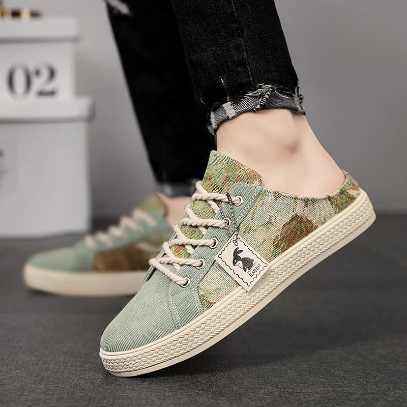 Men's Canvas Slippers Summer New Breathable Outdoor Soft-Sole Casual Slippers Party Sandals Joker Tide Half Slippers Cloth Shoes
