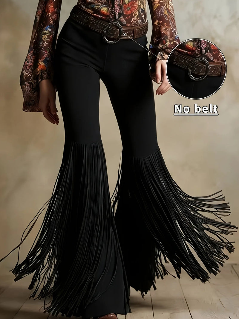Women's Brown Flared Pants for Spring, Western-style Retro Trousers with Fringe Details, Available in Black, White, Burgundy.