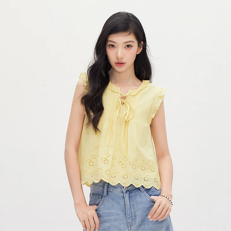 Semir Women Shirt Cotton Embroidered Bow Short Length Ruffle Lace Sweet Stylish 2026 Summer Casual Fashion Versatile Top
