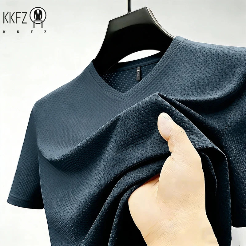 Premium Men's Business Casual V Neck T-Shirt Ice Silk Lightweight Breathable Summer Tops