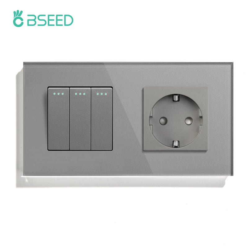 BSEED Mechanical Wall Button Switch 1/2/3Gang 1Way With Wall Power Socket Glass Frame USB Type-C Charge Port Home Improvement