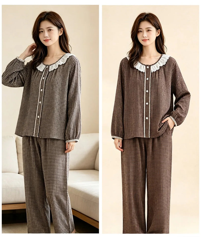 Plaid Sleepwear Women Pajamas Sleep Lounge Female Spring Autumn Long Sleeves Trousers Women’s Loungewear Suit 2-piece Nightwear