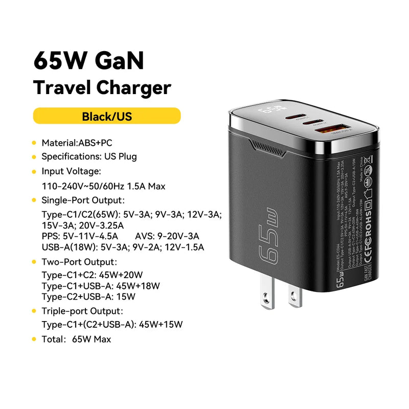 ឆ្នាំងសាក Essager 65W GaN USB Type C អេក្រង់ឌីជីថល QC 4.0 PD 3.2 PPS 45W សាកលឿនសម្រាប់ Samsung Huawei IPhone17 កុំព្យូទ័រយួរដៃ MacBook