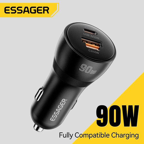 ឆ្នាំងសាករថយន្ត Essager 90W USB Type-C PD QC SCP AFC PPS 45W សាកថ្មលឿនសម្រាប់ iPhone18 17 Pro Samsung Xiaomi