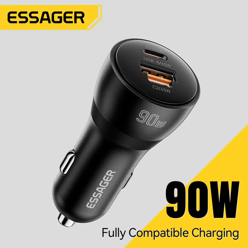 Essager 90W USB Type-C Car Charger PD QC SCP AFC PPS 45W Fast Charging Mini Car Phone Charger For iPhone18 17 Pro Samsung Xiaomi
