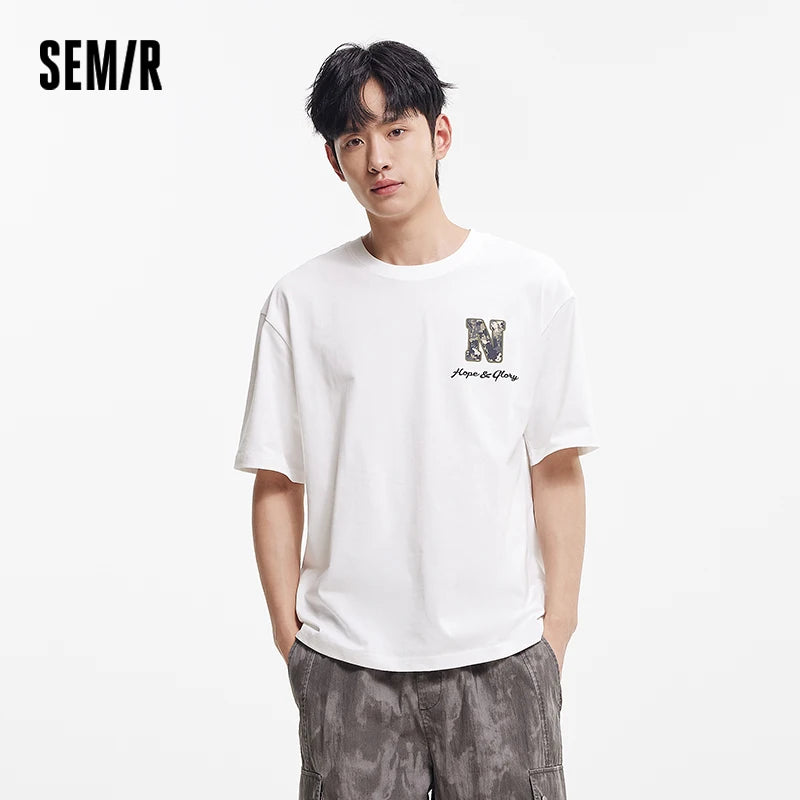 Semir Mens Tshirt 2026 Camouflage Letter Printed Knitted Outdoor Trendy Loose Crew Neck Casual