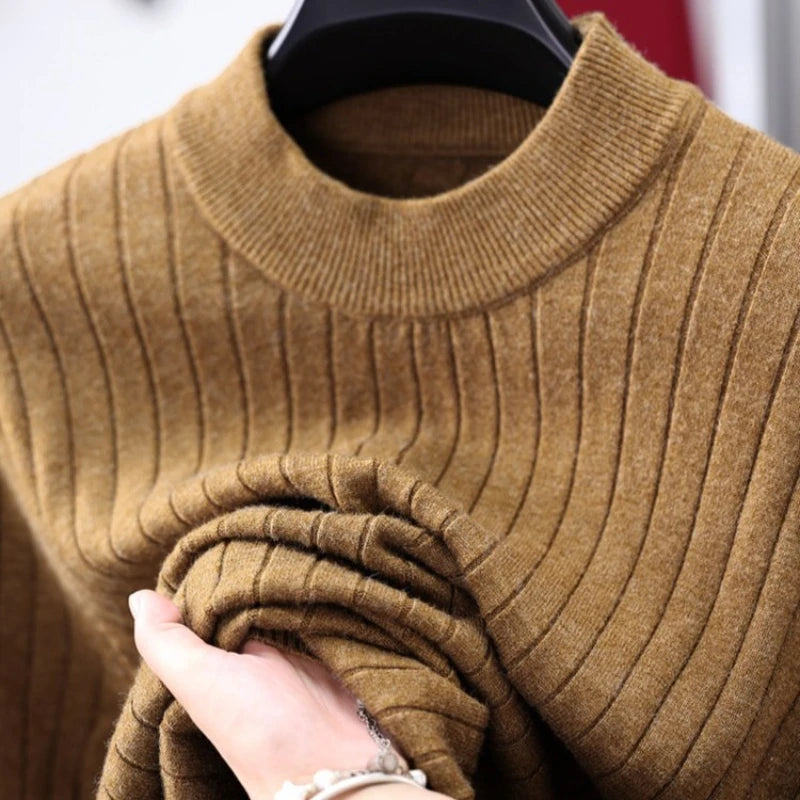 Men's Semi-High Neck Knit Sweater, 500g Wool-Like Texture, Anti-Pilling, Quiet Luxury Style Beige Gray Brown