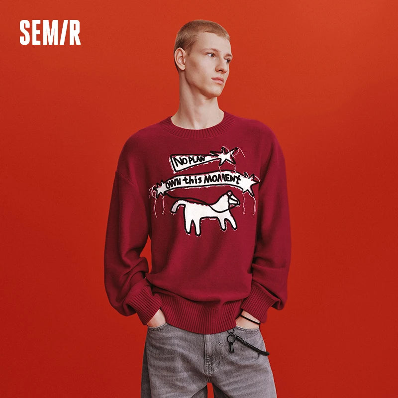 Semir Red Sweater Men 2026 Spring Loose Crew Neck Letter Jacquard Tassel Casual Comfortable Fashion Knitwear Daily Top