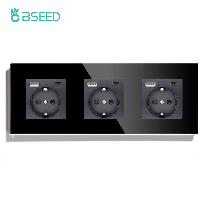 BSEED EU Standard Wall Sockets Single Powerful Outlets Black Double Frame Sockets Glass Panel Triple Sockets Kids Protection 16A