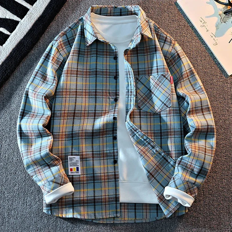 Men All Match Grid Outer Shirt Lapel Button Closure Classic Check Pattern Long Sleeve Daily Casual Top