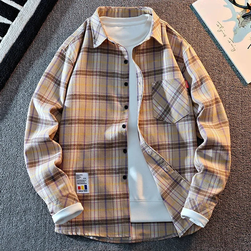 Men All Match Grid Outer Shirt Lapel Button Closure Classic Check Pattern Long Sleeve Daily Casual Top