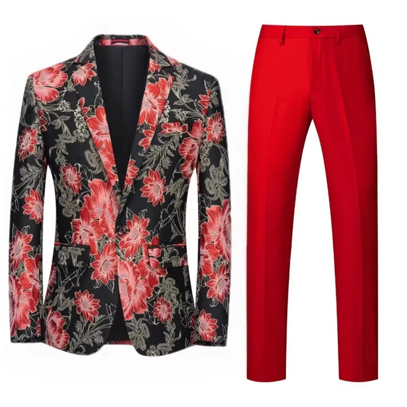 2026 Men's Two-Piece Set, Wedding Party Jacket and Trousers in Black with Red Flowers Jacquard Fabric Slim Fit Men Coat & Pants.