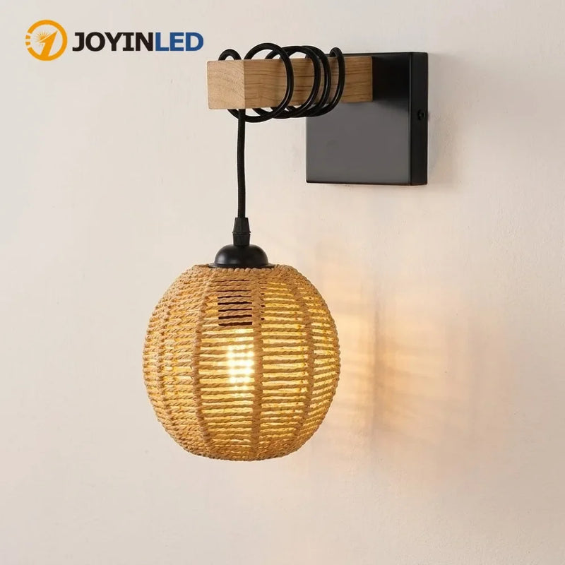 JOYINLED Vintage Indoor Wall Light, E27 Retro Rattan Wall Lamp with Woven Lampshade Wall Lamp for Living Room, Bedroom, Hallway