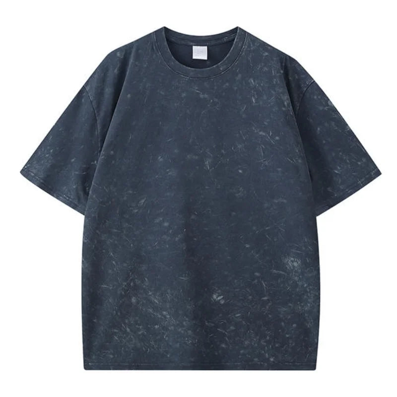American Style Retro Washed Snowflake Short Sleeve round Neck T-Shirt Large Size Bleach Stain  Heavyweight Summer Top