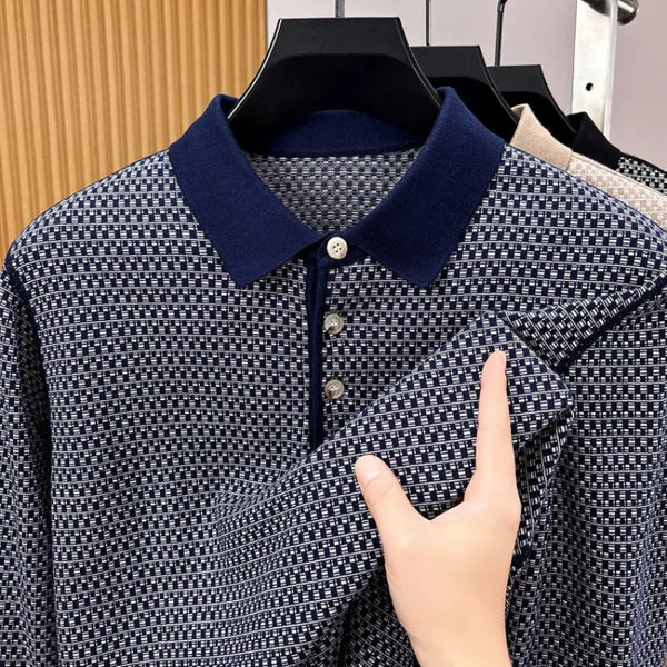 Men's 100% Cotton Long Sleeve Polo Shirt Classic Houndstooth Pattern Invisible Placket Casual Top