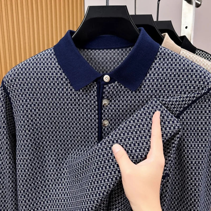 Men's 100% Cotton Long Sleeve Polo Shirt Classic Houndstooth Pattern Invisible Placket Casual Top