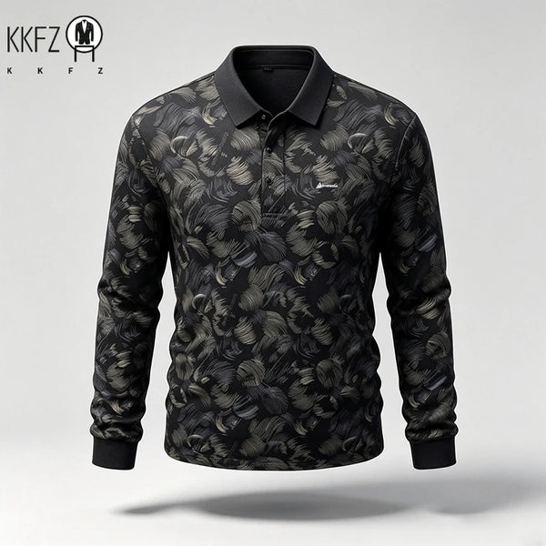 Mens Turn Collar Polo Long Sleeve Tops Premium Printed Material Button Closure Small Logo Decoration Male Clothing