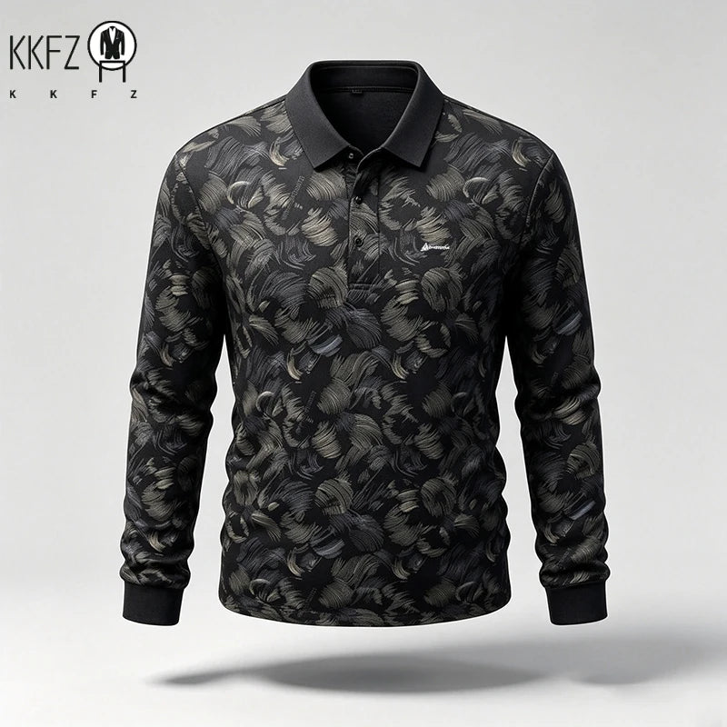 Mens Turn Collar Polo Long Sleeve Tops Premium Printed Material Button Closure Small Logo Decoration Male Clothing
