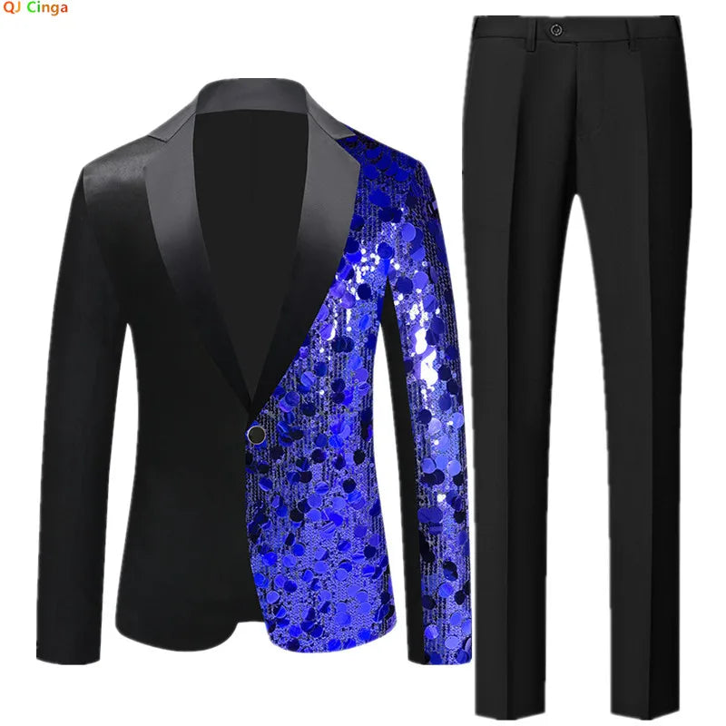 2‌026 Men's Red Sequin Tuxedo Jacket & Red Trousers Set - Stage Performance/Wedding/Party Formal Wear‌