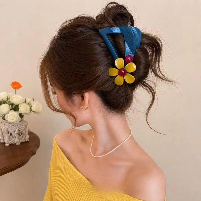 Retro Contrast Color Floral Shark Claw Clip 2026 New Elegant Unique Full Hair Clamp Women Hair Accessories For Updo Hairstyle