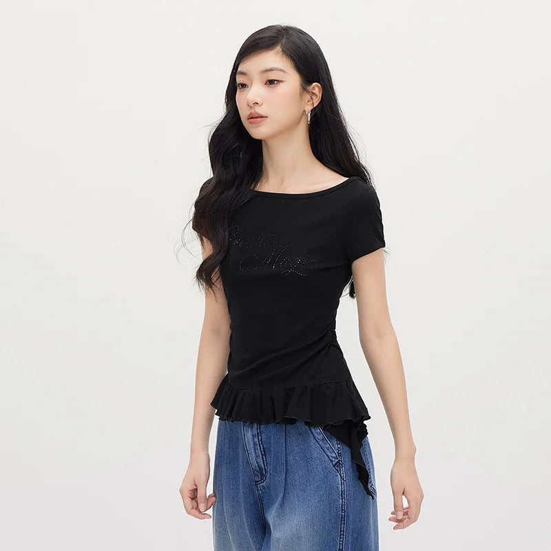 Semir Women Tshirt One Shoulder Ruffle Rhinestone Cropped Top 2026 Summer Fashion