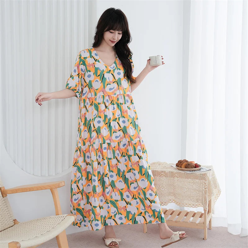 Loose Ladies Nightgowns Causal Night Wears For Women Nightshirt Short Sleeve Printed Nightdress Oversized Cotton Sleep Dress