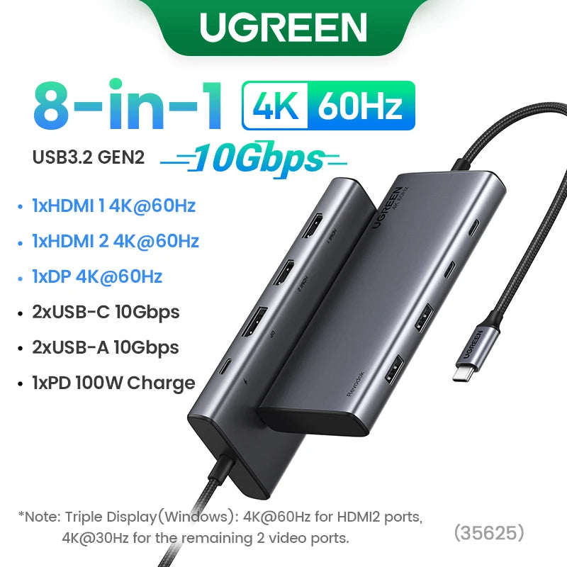 UGREEN 13-in-1 USB-C HUB Triple Display 4K Dual HDMI DP 10Gbps USB3.2 PD100W SD/TF Docking Station for MacBook Pro Air Dell XPS