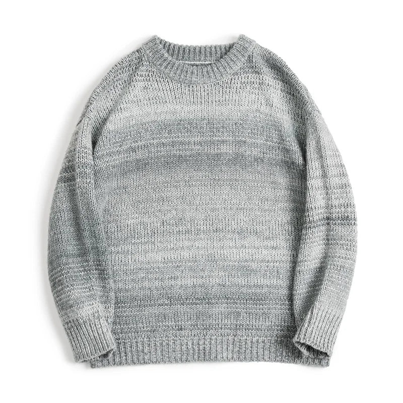Maden Men's Vintage Gradient Stripe Sweater Round Neck Blended Knitted Pullover Warm Base-layer knitwear for Autumn and Winter