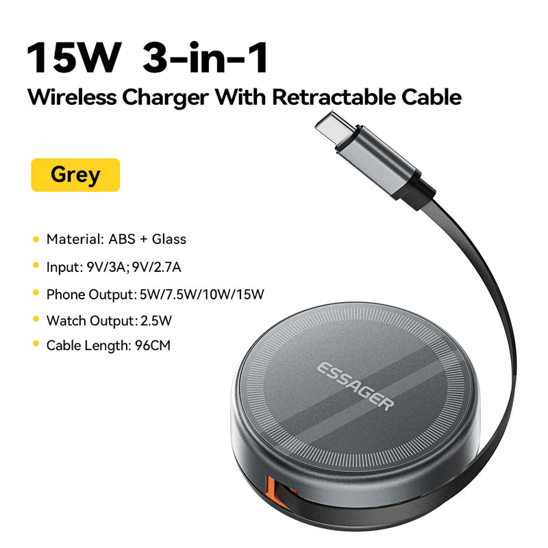 ឆ្នាំងសាកឥតខ្សែ Essager 15W 3 ក្នុង 1 ជាមួយខ្សែប្រភេទ C ដែលអាចដកបានប្រវែង 96 សង់ទីម៉ែត្រ សម្រាប់ iPhone 16 15 14 13 Pro Max Airpods នាឡិកា