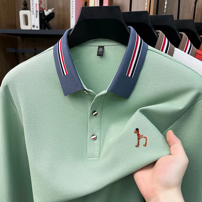 100% Cotton Man Long-Sleeved Polo Shirt Lapel Button Color Blocking Exquisite Pattern Embroidery Autumn New Leisure Men's Wear