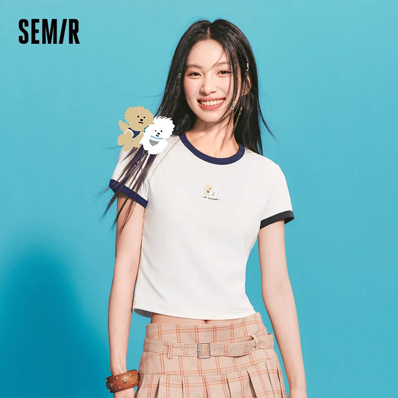 Semir Women Tshirt Cropped Slim Contrast Short Sleeve Summer 2026 Casual Graphic Print Everyday Fashion Top Tee