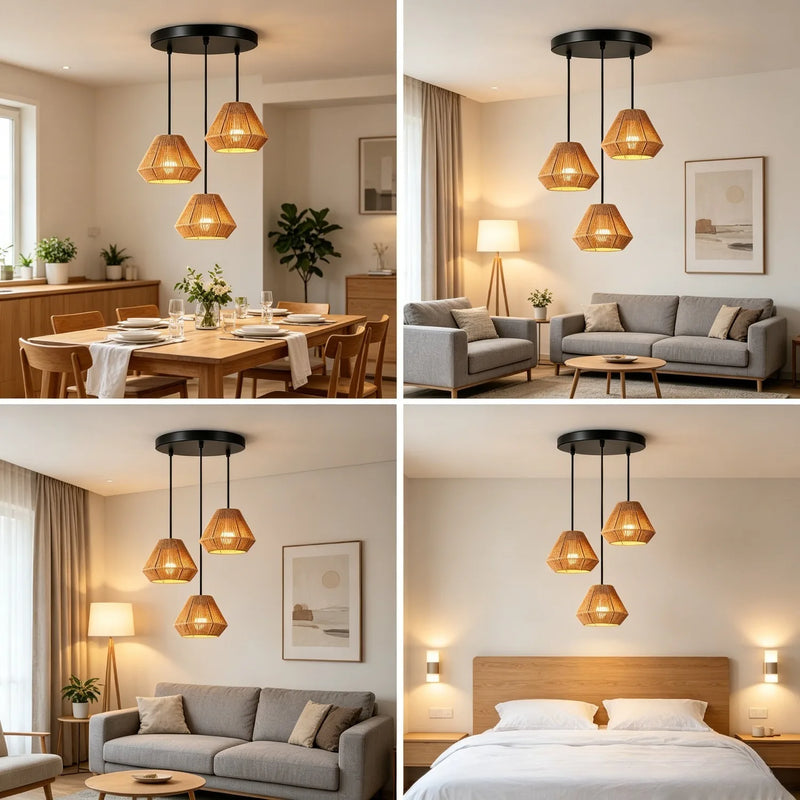 JOYINLED 3-Lights Handmade Pendant Lamp Boho Natural Rattan Ceiling Hanging Light Fixture Living Room Home Decor LED Chandelier