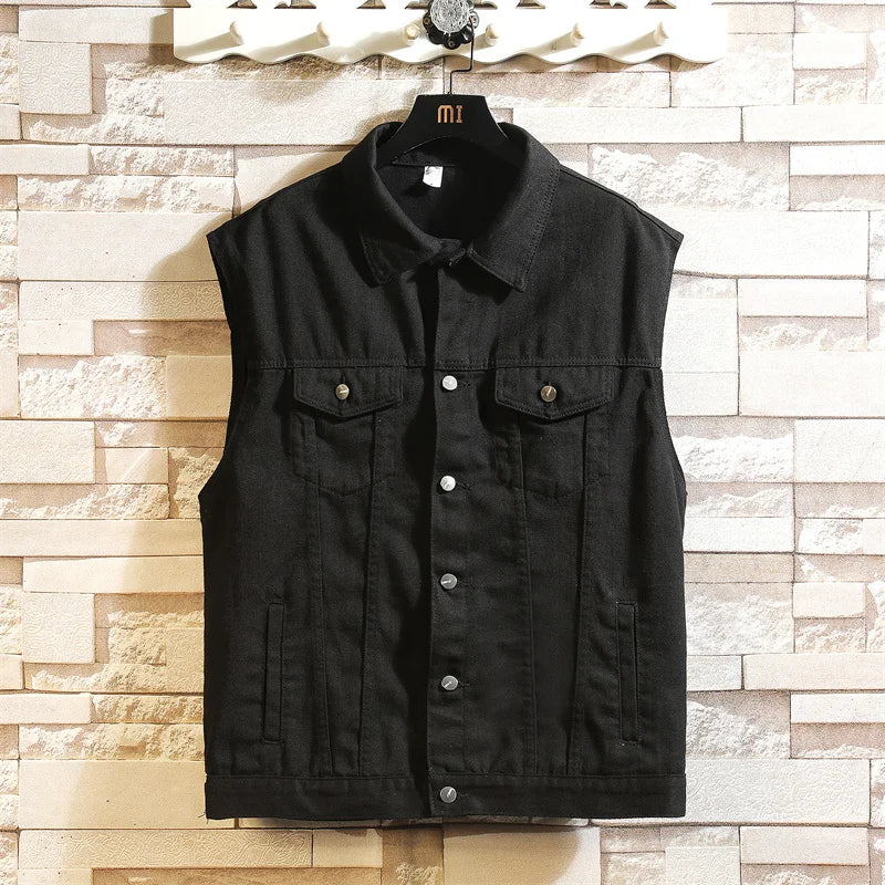 2026 Spring New Men's Black Denim Vest Jacket, Teenagers Blue Leisure Hooded Coat M-5XL