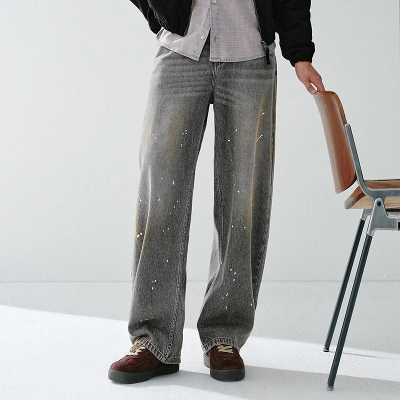 Semir Men Jeans 2026 Spring New Vintage Washed Distressed Wide Leg Arc Shape Splash Ink Retro Style Pants