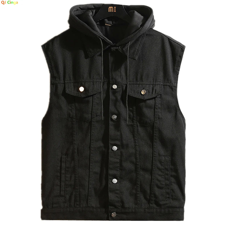 2026 Spring New Men's Black Denim Vest Jacket, Teenagers Blue Leisure Hooded Coat M-5XL